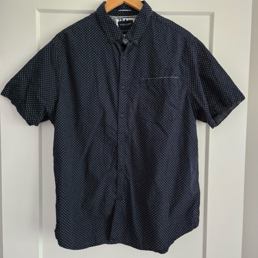 Denim & Flower Navy Blue Polka Dot Xl Mens Short Sleeve Button Up Dress Shirt